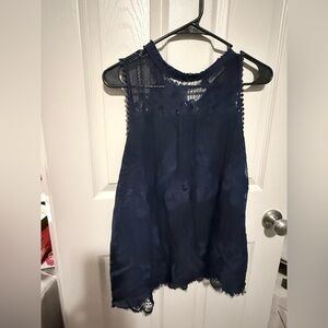 Women's Navy Sleeveless Lace Yoke Top
